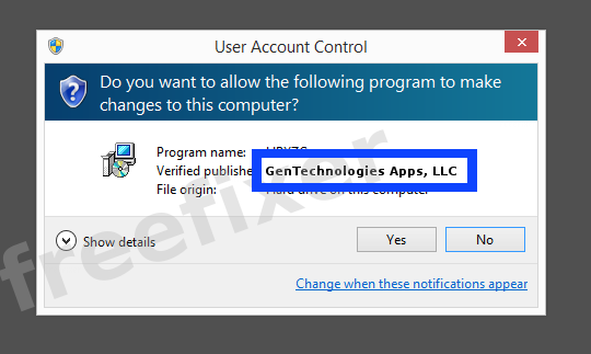 Screenshot where GenTechnologies Apps, LLC appears as the verified publisher in the UAC dialog